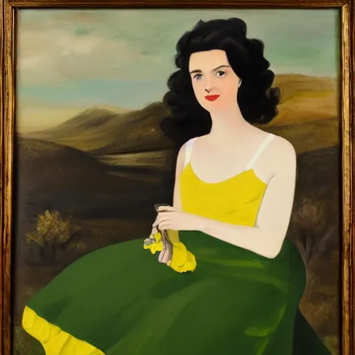 Image similar to a portrait of a young woman from the fifties, seated in front of a landscape background, her black hair is a long curly, she wears a dark green dress, pleated in the front with yellow sleeves, puts her right hand on her left hand, oil painting