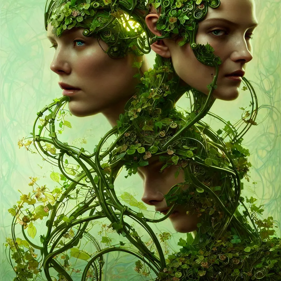 Prompt: organic cyborg, green vines sculpture with small flowers, diffuse lighting, fantasy, intricate, elegant, highly detailed, lifelike, photorealistic, digital painting, artstation, illustration, concept art, smooth, sharp focus, art by john collier and albert aublet and krenz cushart and artem demura and alphonse mucha