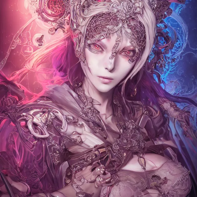 Image similar to the portrait of chaotic evil sensual female necromancer overlord as absurdly beautiful, gorgeous, elegant, corrupted anime idol, an ultrafine hyperdetailed illustration by kim jung gi, irakli nadar, intricate linework, bright colors, octopath traveler, final fantasy, unreal engine 5 highly rendered, global illumination, radiant light, detailed and intricate environment
