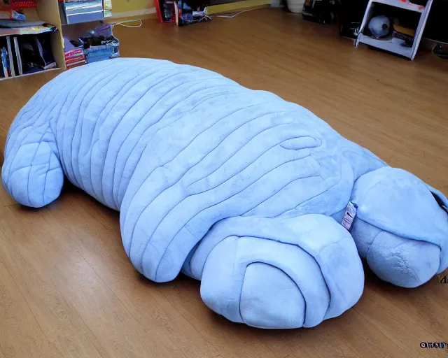 Prompt: bed in the shape of a tardigrade. sleeping on a giant tardigrade plush doll. quilted plush, soft, downy, comfortable. multiple limbs, panarthropoda, water bear!