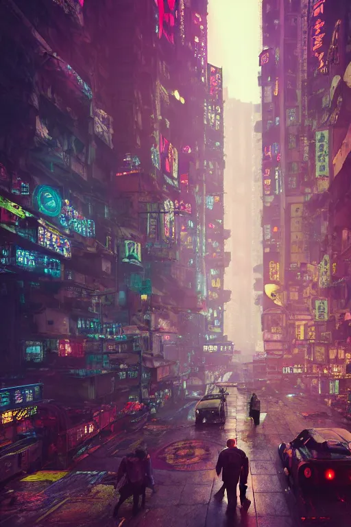 Image similar to cinematic photo of ancient overgrown cyberpunk hong kong with cars and people, flying cars in the sky, holograms, night, rain, flowers, beautifully lit, hyperdetailed, unreal engine, photorealistic, denis villeneuve film look, blade runner set