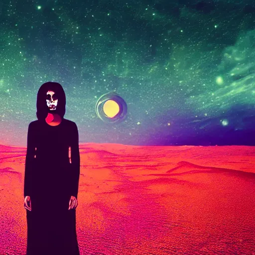 Image similar to A sad spiritual witch standing on mars looking at camera, distant background, red lighting, ominous, moonlight, bokeh, synthwave, psychedelic, glitch, acrylic, flooko, detailed,