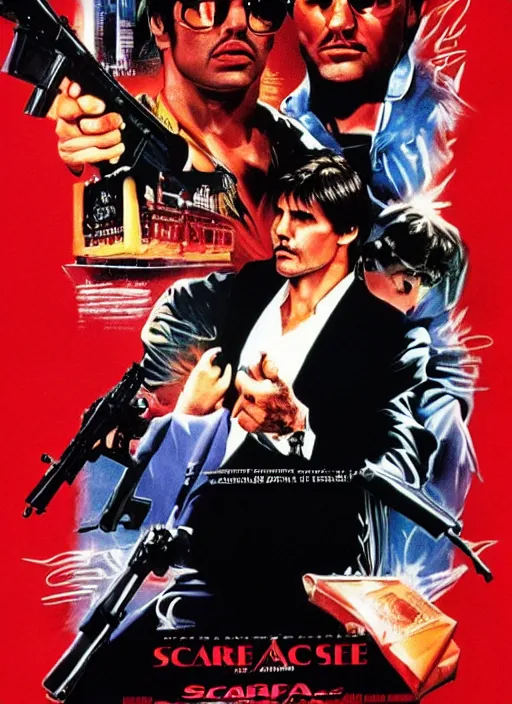 Prompt: the movie poster of scarface with tom cruise, high quality, studio photography, colourful, hero, 1 9 8 8, heroic, beautiful