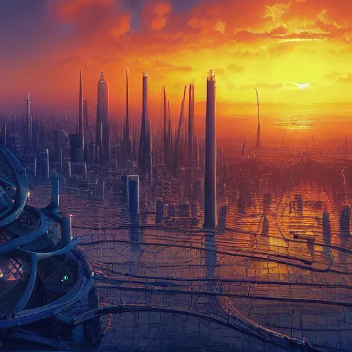 Prompt: bio-futurism, utopian city,differential growth,beautiful sunset,panoramic,michael whelan,photorealistic,detailed