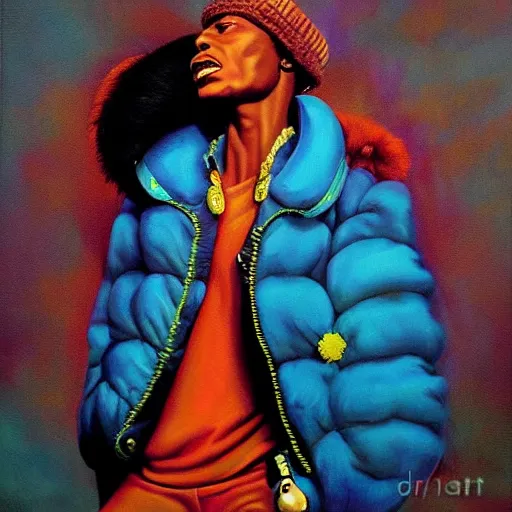 Prompt: beautiful fantasy character portrait, miles davis, bitches brew, wearing orange puffy bomber jacket with teal fur, by malti klarwein