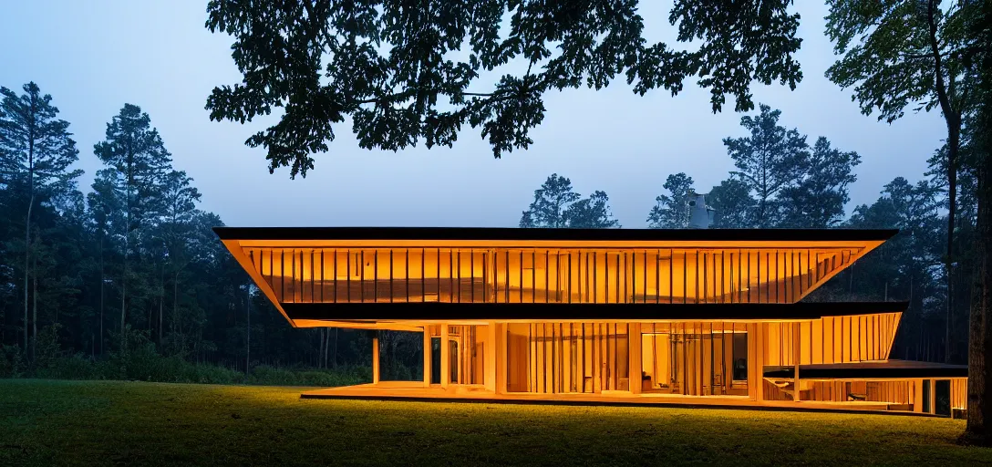 Prompt: faceted roof planes lift and descend creating shade and architectural expression, house, highly detailed, situated in the forest, next to a highly reflective lake, at dusk, vivid color, 4 k photography, mist, architecture luxury