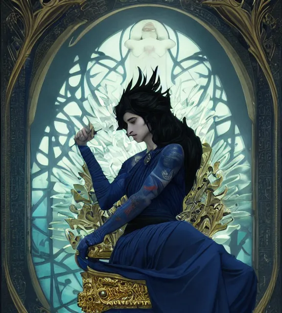 Image similar to god of death, young man, in the underworld, elegant dark blue dress, very detailed, throne, very intricate details, jewelry, gold line tattoos, elaborate long black hairstyle, wings, cinematic, artstation, william bouguereau, alphonse mucha, greg rutkowski, rossdraws, octane render