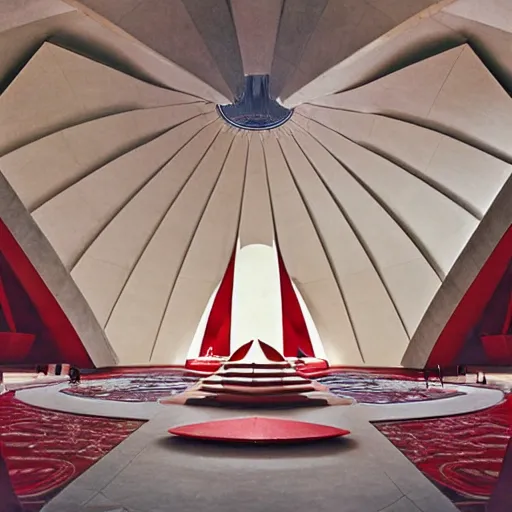 Image similar to interior of a futuristic lotus temple with gold, red and white marble panels, in the desert, by buckminster fuller and syd mead, intricate contemporary architecture, photo journalism, photography, cinematic, national geographic photoshoot