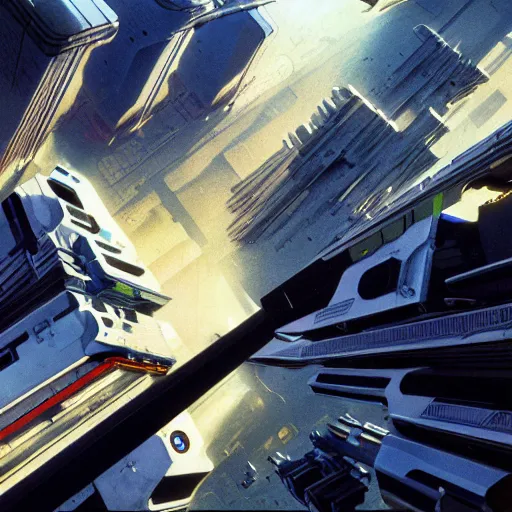 Image similar to aerial view of futuristic cyberpunk city, daylight, blue sky, cinematic lighting, blue sky, syd mead, john harris