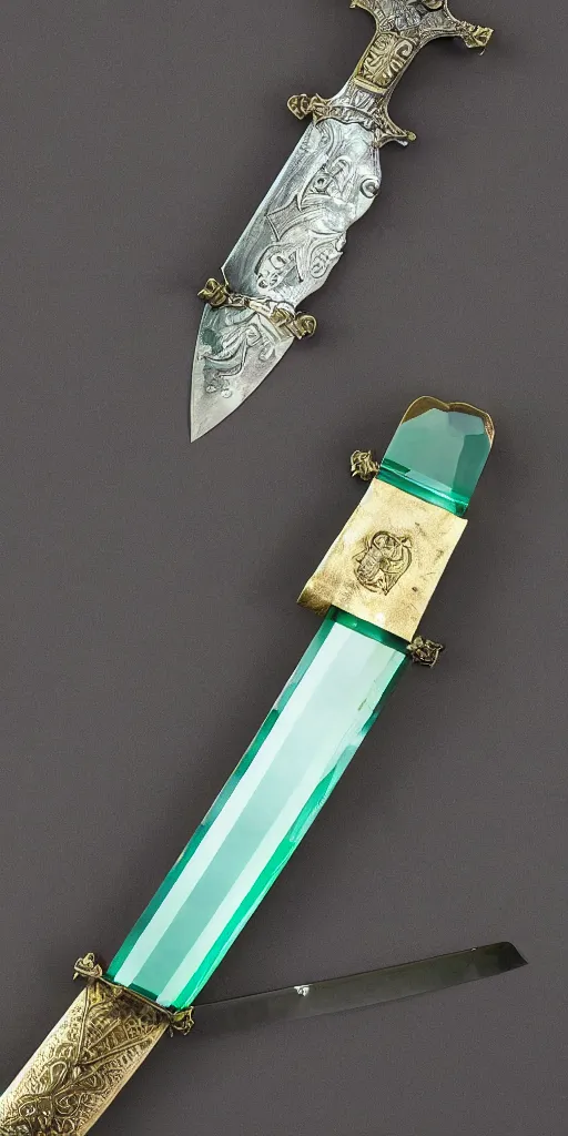 Image similar to photograph of a wide green and teal crystal double - edged sword blade attached to a big gold sword hilt