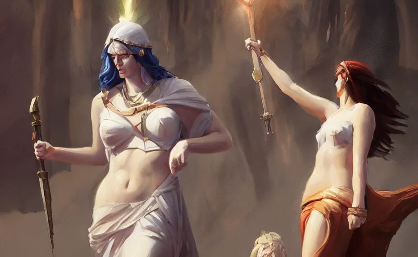 Image similar to a painting of athena and aphrodite trending on artstation in the style of greg rutkowski