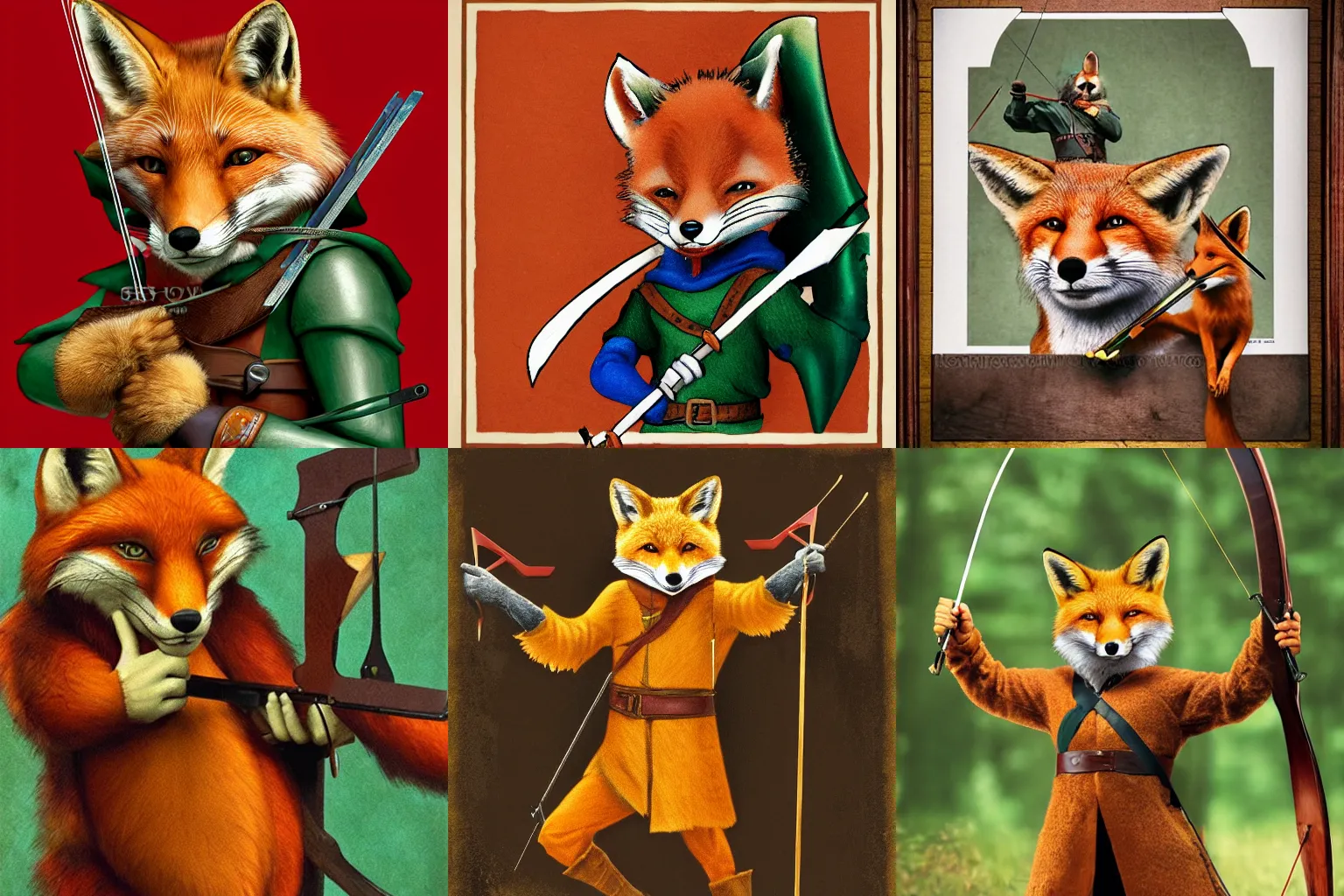 Prompt: Robin Hood as an Anthropomorphic Red Fox holding a Crossbow photograph in the style of Annie Leibovitz, photorealistic