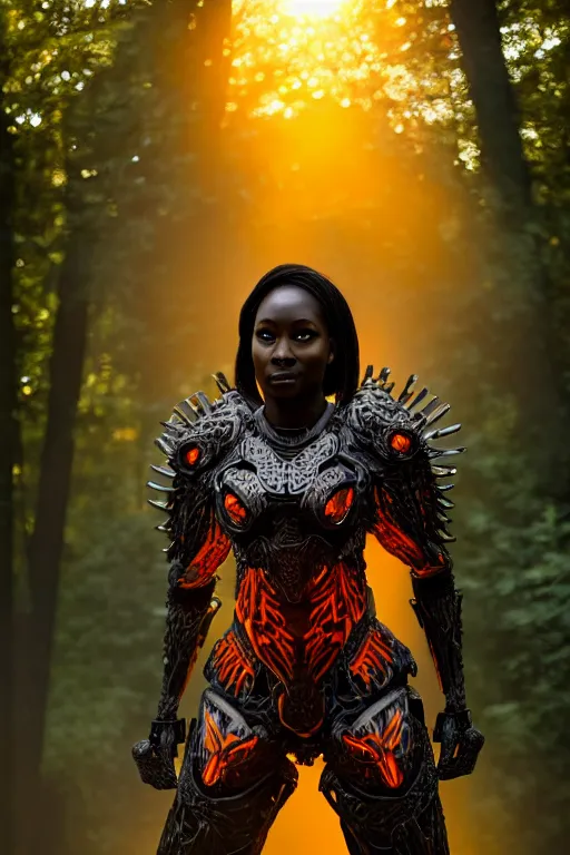 Image similar to hyperrealistic long shot mithra gorgeous black woman intricate exoskeleton bone armor in a forest sun behind her concept art eric zener elson peter cinematic orange light low angle hd 8k sharp rack focus