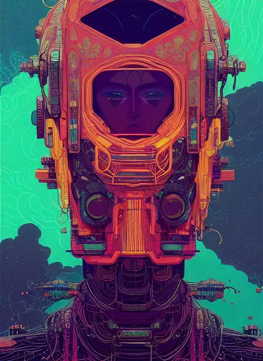 Prompt: prompt! dream symmetry!! stunning portrait of a warrior mech cyberpunk head!! by victo ngai, kilian eng vibrant colours, dynamic lighting, digital art, winning award masterpiece, fantastically beautiful, illustration, aesthetically inspired by beksinski and dan mumford, trending on artstation, art by greg rutkowski, 8 k