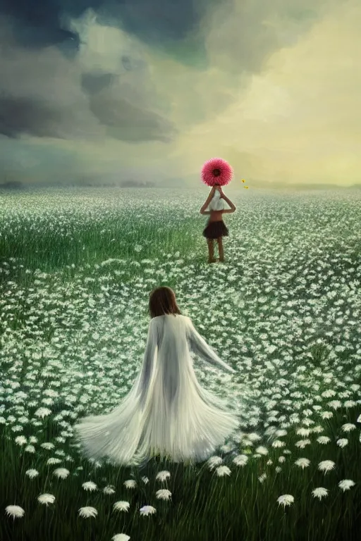 Image similar to veil made of giant white daisy flower, girl dancing in a flower field, surreal photography, sunrise, dramatic light, impressionist painting, colorful clouds, digital painting, artstation, simon stalenhag