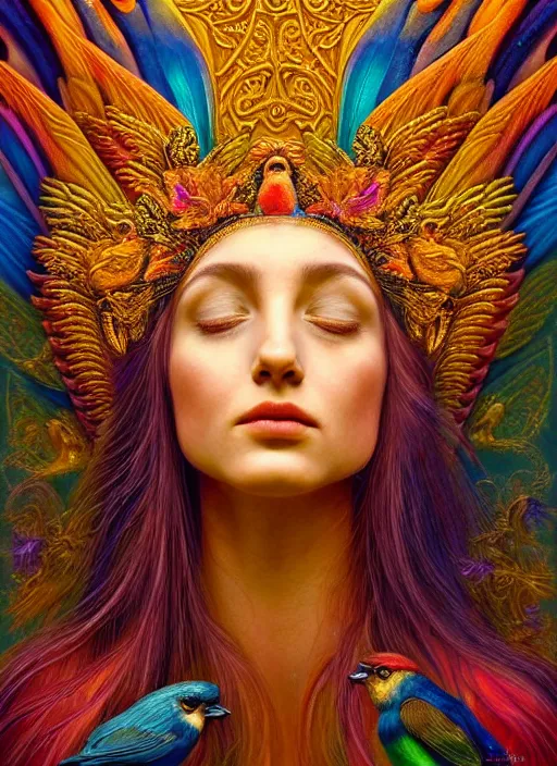 Image similar to portrait of the beautiful young goddess of birds, unusual beauty, etheric, outworldly colours, emotionally evoking symbolic metaphors, head in focus, fantasy, ornamental, intricate, elegant, highly detailed painting style photo, artstation, concept art, painterly, golden ratio, sharp focus, illustration, art by marco mazzoni and zdzisław beksinski,