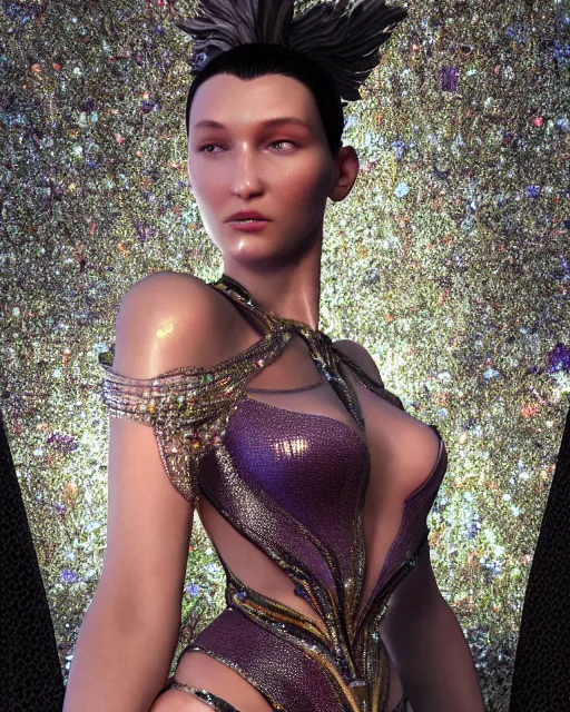 Prompt: a highly detailed metahuman 4 k close up render of bella hadid renaissance in iris van herpen dress schiaparelli in diamonds crystals swarovski and jewelry iridescent in style of alphonse mucha gustav klimt trending on artstation made in unreal engine 4