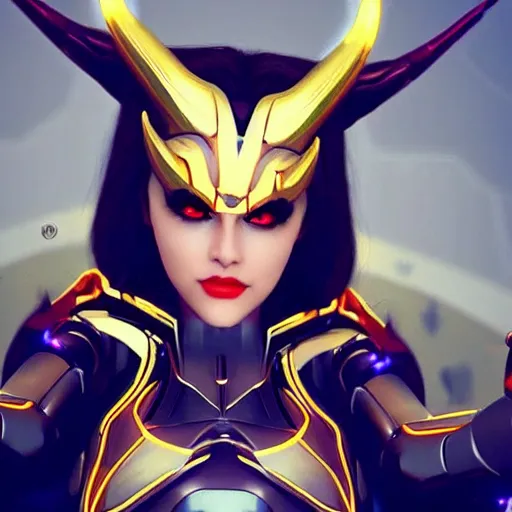 Prompt: the most beautiful cosmic android robot female devil, long glowing loki like horns, selfie pic by unreal engine