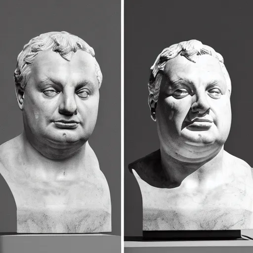 Prompt: hungarian prime minister viktor orban as a slightly obese marble statue of ancient roman emperor, created by michelangelo, museum photoshot, 3 d photorealistic render, high resolution, 8 k