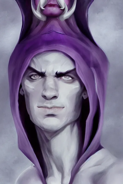 Image similar to young male djinn man demon hybrid, portrait, concept art, purple cloak, single face, illustration, costume design, white spiral horns, editorial photo, fashion, hyperrealism, realism, trending on artstation, Charlie Bowater, WLOP