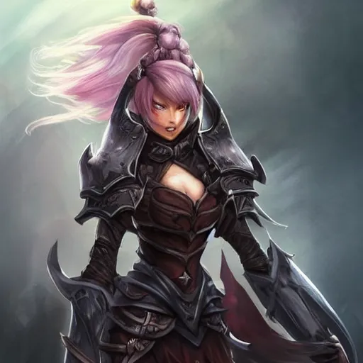 Prompt: a beautiful woman warrior long hair. wearing black leather armor. holding a spoon. league of legend concept art champion. dogital art. award winning high definition