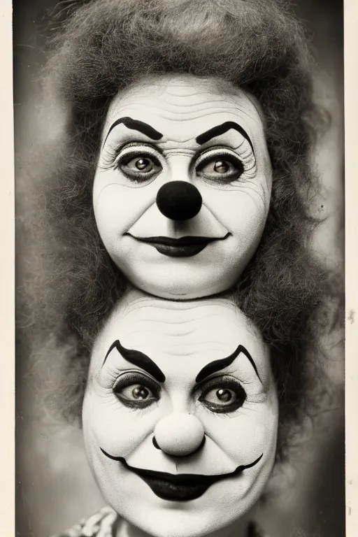 Image similar to old realistic photo of face of a female clown, photograph, early 1 9 0 0's, black and whitehighly detailed, matte, sharp focus, smooth, sharp focus, illustration