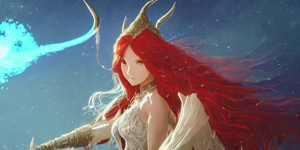 Image similar to an elven sorceress with red long hair in a very good beautiful heavy scale armor, wearing a cape, casting a fire spell, dungeon background, magical, bright, colorful, fantastic lighting, amazing details, 4 k uhd, illustration by hayao miyazaki and makoto shinkai and ilya kuvshinov, artstation, pixiv,