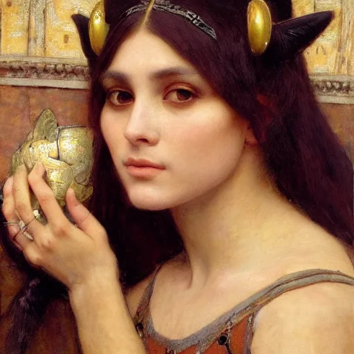 Image similar to orientalist portrait of an olive - skinned witch with cat ears in a sandstone intricate portrait by john william waterhouse and edwin longsden long and theodore ralli and henryk siemiradzki, very coherent symmetrical artwork. cinematic, hyper realism, high detail 8 k