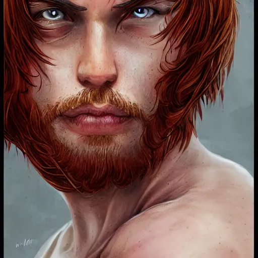 Image similar to portrait of a teen boy with long red hair and a lot of freckles and muscular, intricate, highly detailed, digital painting, artstation, sharp focus, illustration