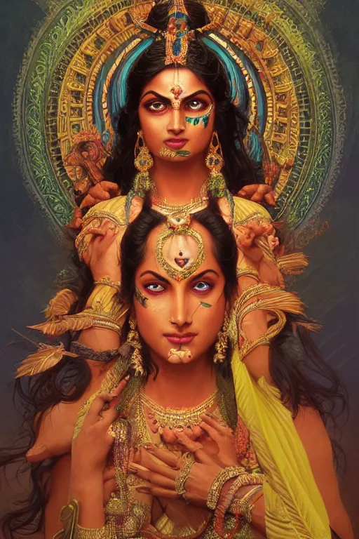 Image similar to Portrait of beautiful indian Kali goddess, cinematic lighting, intricate, elegant, highly detailed, digital painting, artstation, smooth, sharp focus, illustration, art by artgerm and greg rutkowski and zdislav beksinski and alphonse mucha and Wayne Barlowe and william-adolphe bouguereau