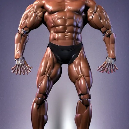 Image similar to a realistic detailed photo of a bodybuilder who is also a male android, Chris Redfield, shiny skin, posing robotically. blank stare