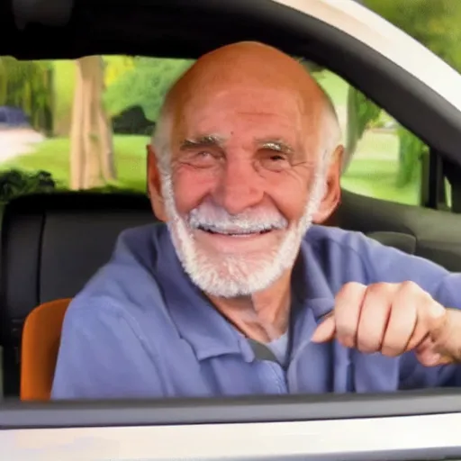 Prompt: dash cam footage of a smiling old man