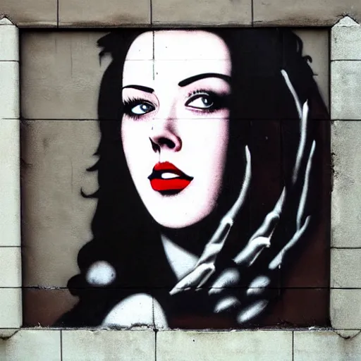 Prompt: portrait of angelawhite on concrete wall by banksy