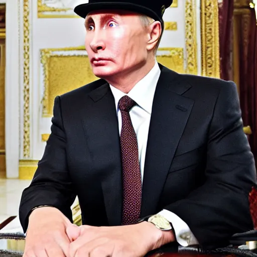 Image similar to putin wearing a black leather hat, front view, cool looking