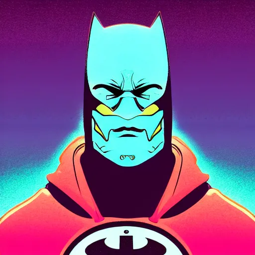 Image similar to vector batman in hoodie, portrait, vaporwave, synthwave, neon, vector graphics, cinematic, volumetric lighting, f 8 aperture, cinematic eastman 5 3 8 4 film