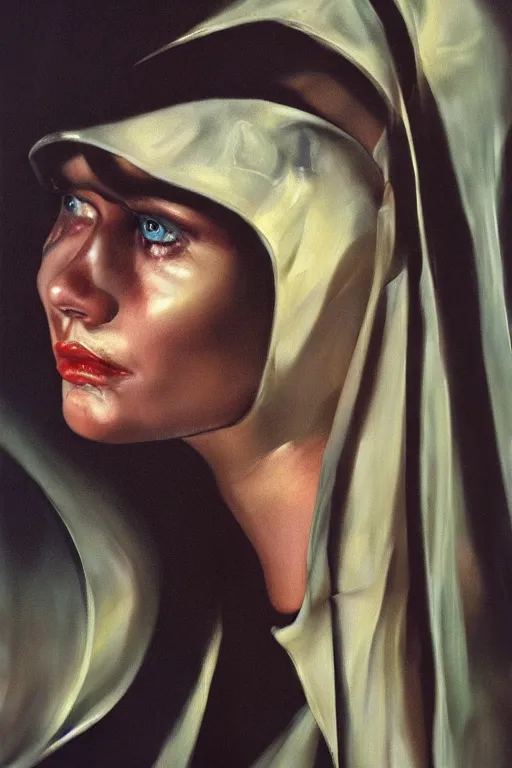 Prompt: hyperrealism oil painting mixed with 8 0 s sci - fi art, complete darkness background, close - up face portrait from above, nun fashion model, lost her faith