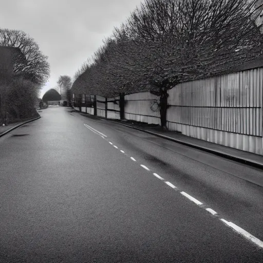 Prompt: british suburban street google streetview grey bleak cloudy photo hd