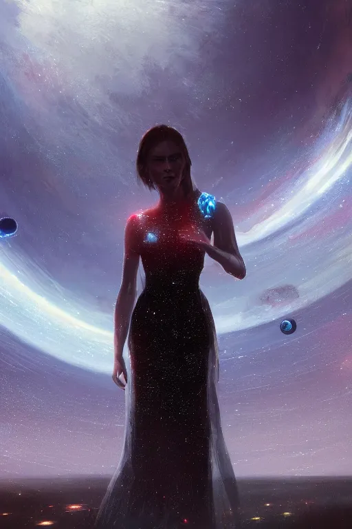 Image similar to a woman, wearing a dress made of stars, volumetric lighting, planets in the background, smooth, sharp focus, very detailed, by greg rutkowski, artstation, tom badshaw, 8 k, symmetrical face