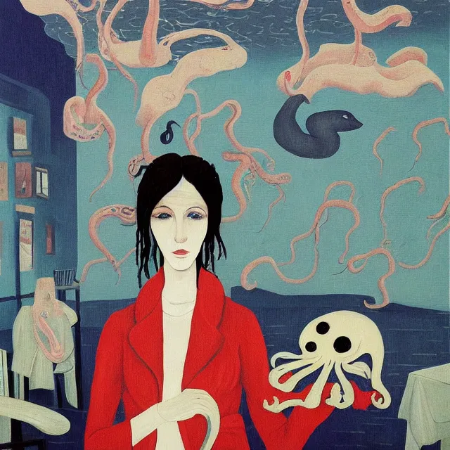 Image similar to tall female emo artist holding an octopus in a flooded cafe, bagels, pigs, water gushing from ceiling, painting of flood waters inside a cafe, a river flooding indoors, pomegranates, pigs, ikebana, water, octopus, river, rapids, waterfall, black swans, zen, canoe, berries, acrylic on canvas, surrealist, by magritte and monet