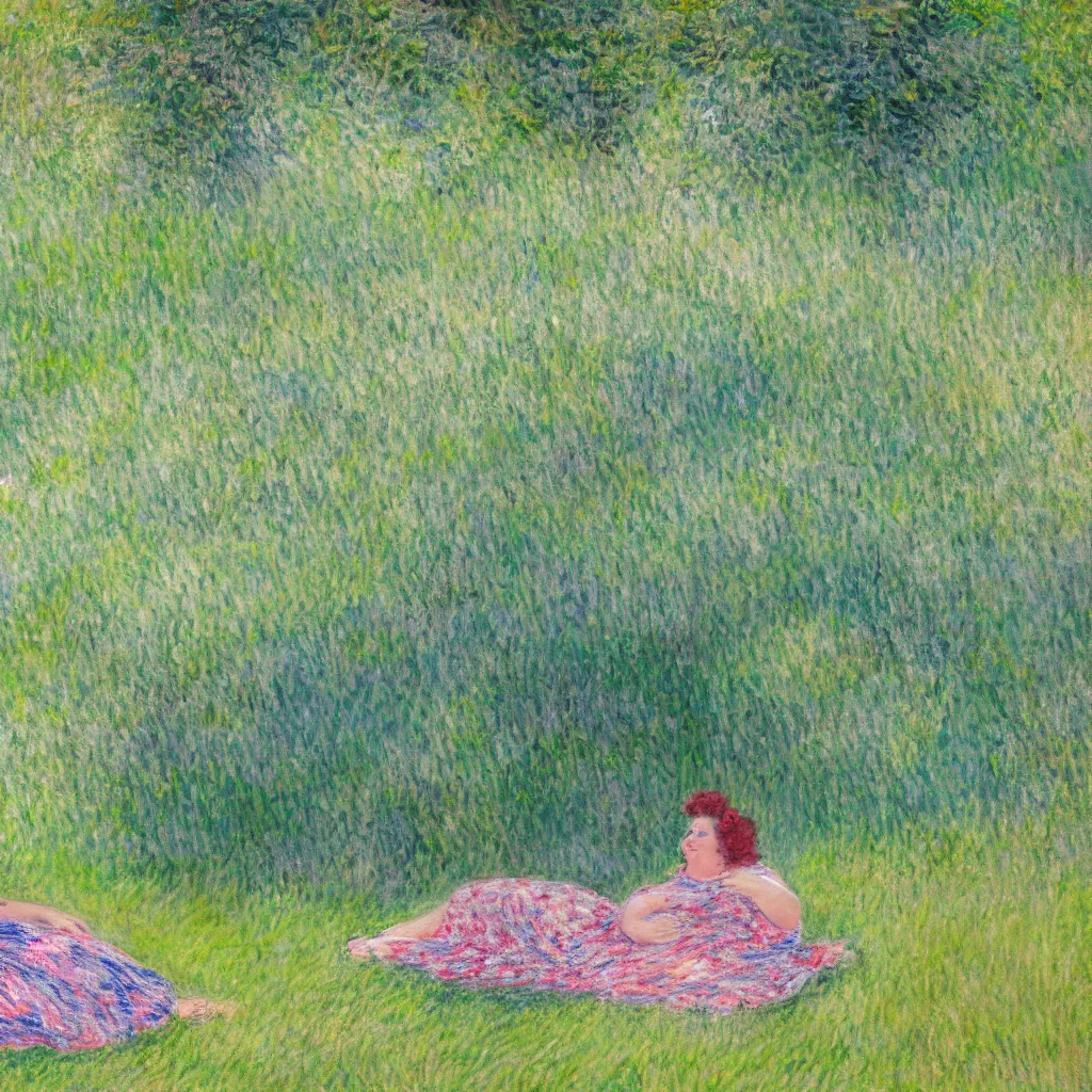 Prompt: a beautiful close up painting of a single beautiful fat woman wearing a floral dress resting in the grass of a shady green park full of trees in the style of Monet