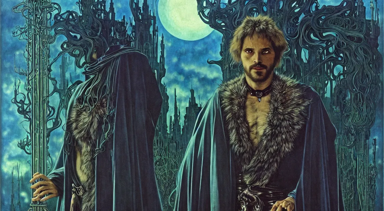 Image similar to realistic detailed portrait movie shot of a wolfman wearing dark robes, sci fi city landscape background by denis villeneuve, amano, yves tanguy, alphonse mucha, ernst haeckel, max ernst, roger dean, masterpiece, rich moody colours, blue eyes, occult