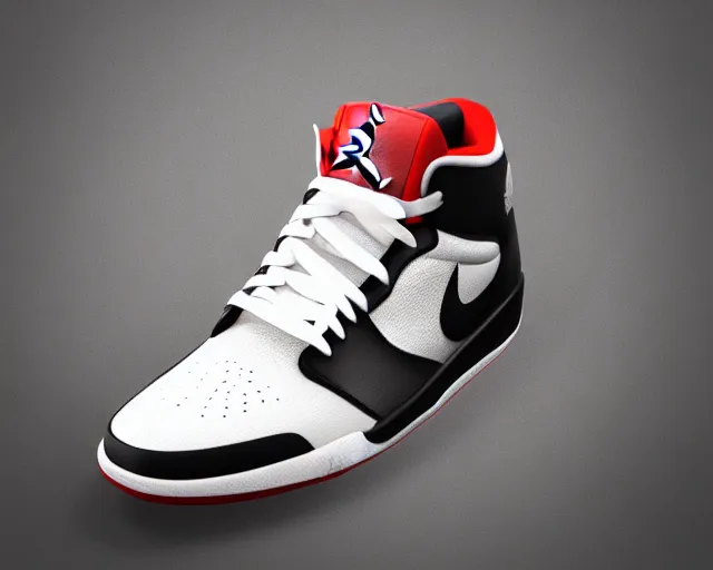 Image similar to 3D render of mid height air jordan sneakers designed by the joker, cinematic, studio lighting, award winning, highly detailed, 4k, hd, sharp