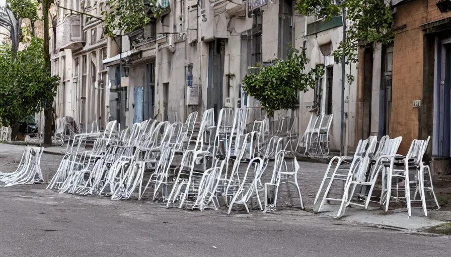 Image similar to chairs piled up on the walls of the street, hyperrealistic shaded