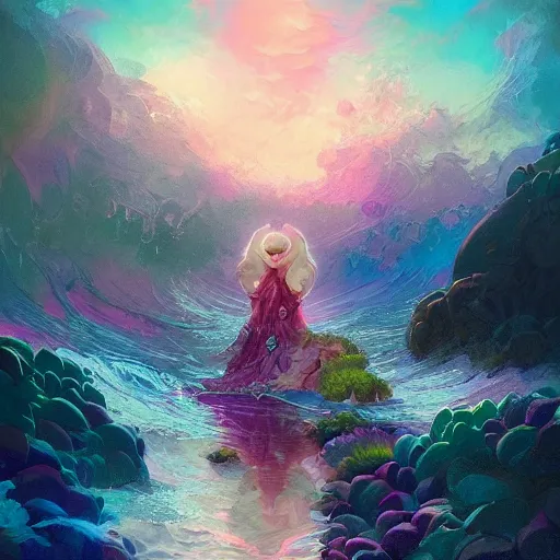 Image similar to i am attracting beautiful souls into my life 🌊✨🌸🌿, 8 k resolution detailed fantasy art, asymmetrical composition, anato finnstark marc simonetti lisa frank zbrush central gloomy midnight.