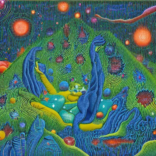 Image similar to psychedelic couch sofa in the pine forest, goose, milky way, designed by moebius, rob gonsalves, gustav dore, giuseppe arcimboldo and carl barks, louis wain, trending on artstation, canada, star, sharp focus, colorful refracted sparkles and lines, soft light, 8 k 4 k