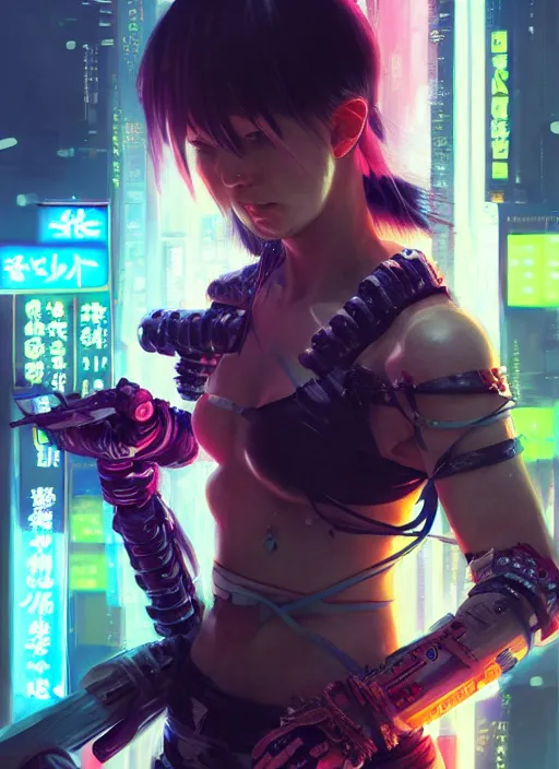 Image similar to cyberpunk samurai girl, battle pose, neon swords, beautiful, detailed portrait, intricate complexity, concept art by krenz cushart, kyoto animation, wlop, 8 k, beautiful, cinematic dramatic atmosphere, sharp focus, award winning