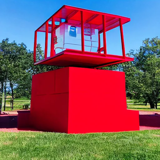 Image similar to ( ( red cube ) at the top of tower ), ( ( blue cube ) on the ground )