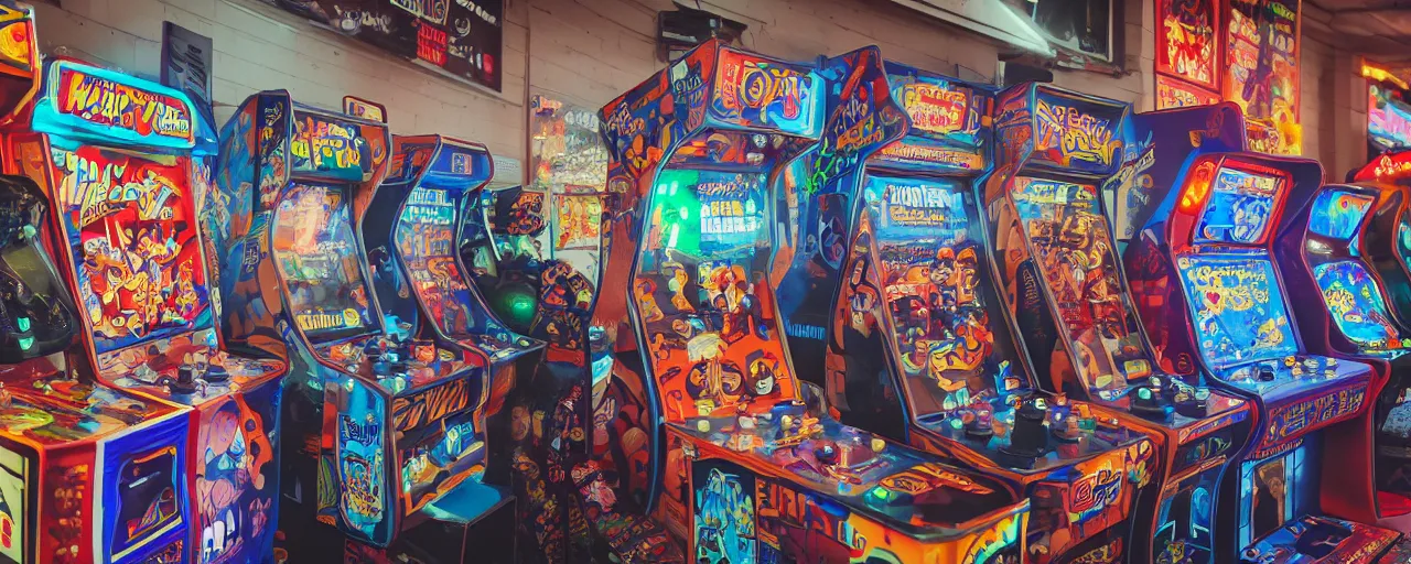 Image similar to A busy arcade, by Kung Fury, by Ready Player One, by Back To The Future, XF IQ4, 150MP, 50mm, F1.4, ISO 200, 1/160s, natural light