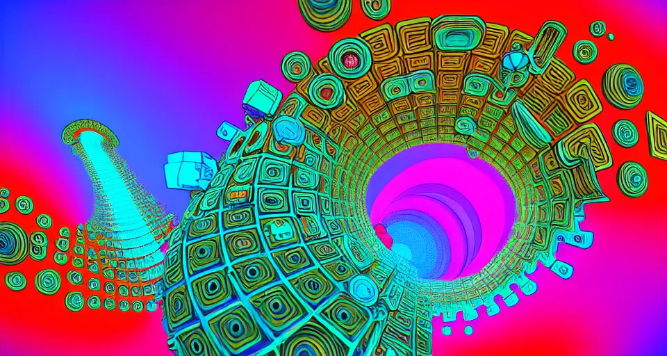 Prompt: interior tunnel swirling vortex of colourful psychedelic 3 d embossed mecha emoji shapes in a hal tenney 3 d fractal landscape, clockwork toys, seamless texture, toy mayan faces, landscape, maximalist, circuit vector shapes