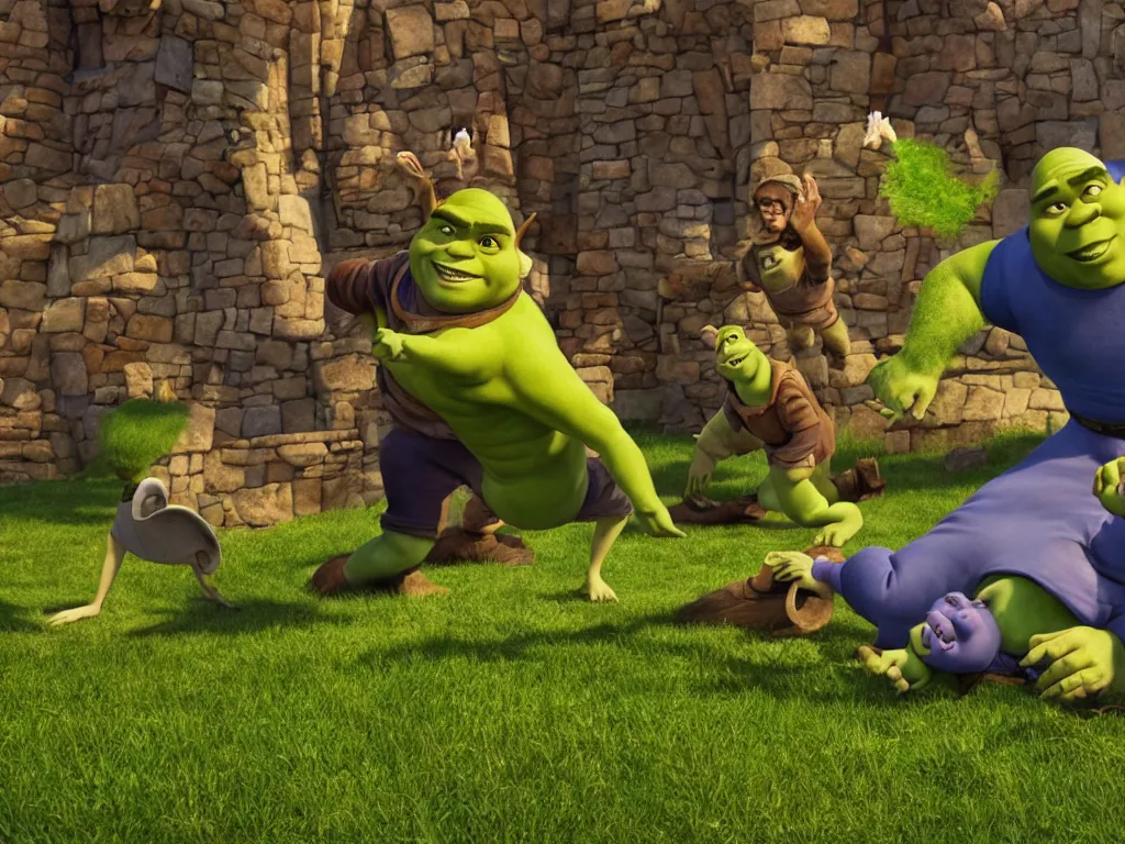 Image similar to shrek breakdancing while lord farquaad is in the back being impressed, High Definition detail, 8K, photography